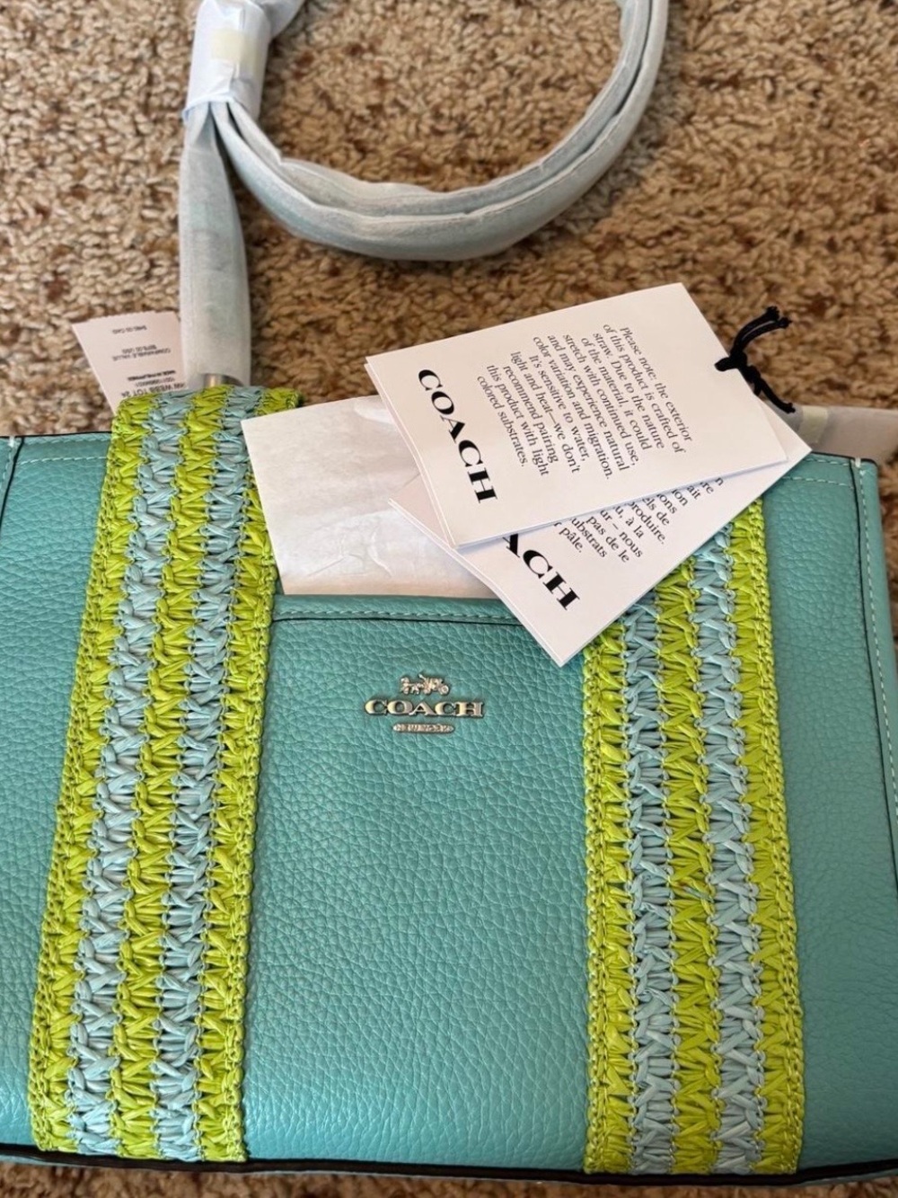 Coach Aqua Tote with Lime and Light Blue Straps - Picture 2 of 5